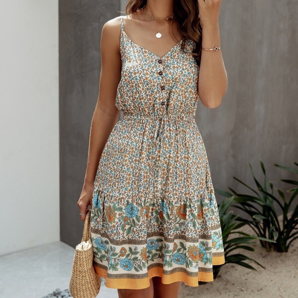 Boho Hippie Gypsy Floral Midi Dress - Picture 4 of 8